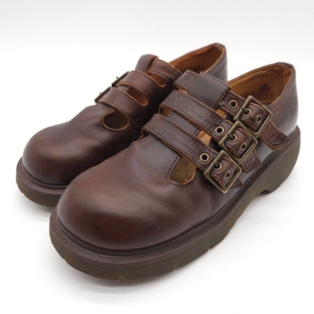 RARE  VINTAGE DR. Martens T-Strap 3 Buckle Mary Jane Block Brown England